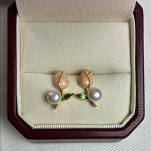 Tulip Pearl Stud Earrings | Sterling Silver Posts | Christmas Gift for Her